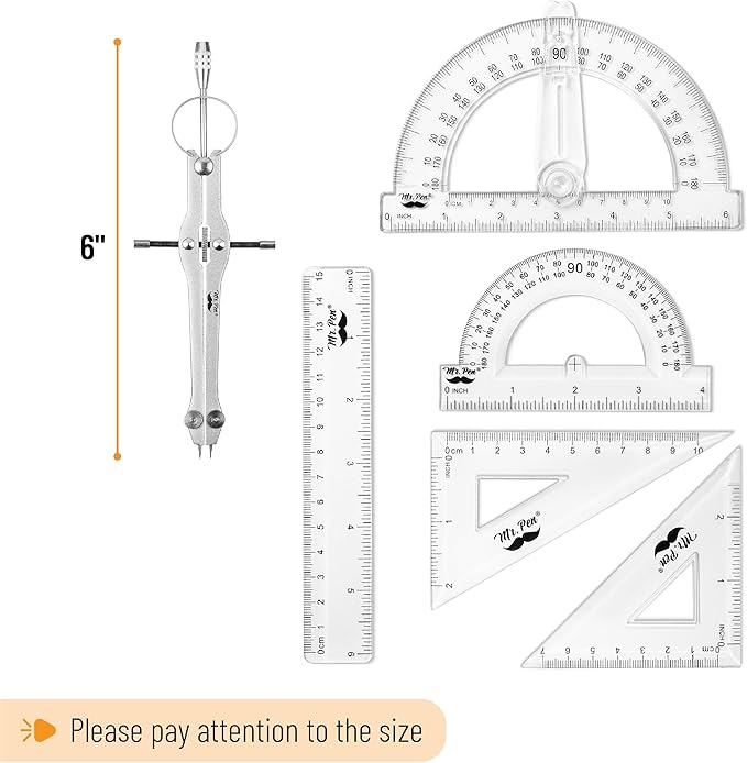 Mr. Pen- Geometry Set, 15 pcs, Light Grey, 6 Inch Swing Arm Protractor, Divider, Set Squares, Ruler, Compasses and Protractor