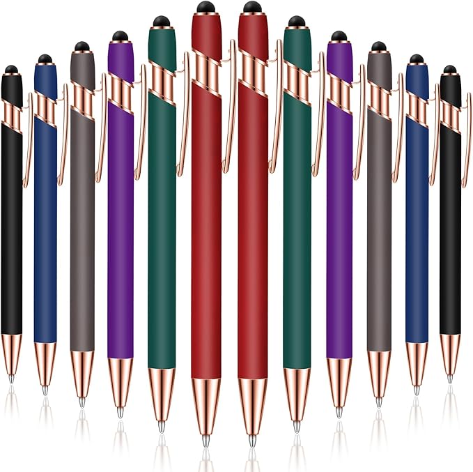 Tenare 12 Pieces 2 in 1 Stylus Metal Ballpoint Pen with Stylus Tip, 1.0 mm Black Ink Ballpoint Pen for Touch Screens(Dark Colors and Rose Gold)