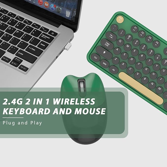 Wireless Keyboard,KOOTOP Cute Colorful 104 Keys Typewriter Retro Round Keycaps Keyboard for PC Laptop,Desktop,Windows, Home and Office Keyboards (Black Green)