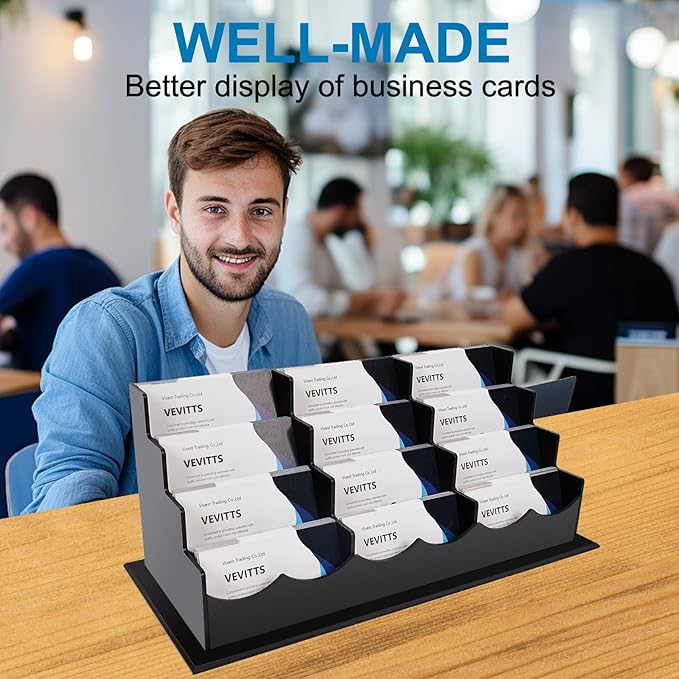 Business Card Holder, Acrylic Business Card Display, Clear Desktop Business Card Stand for Exhibition, Home & Office Black 4 Tiers 12 Slots