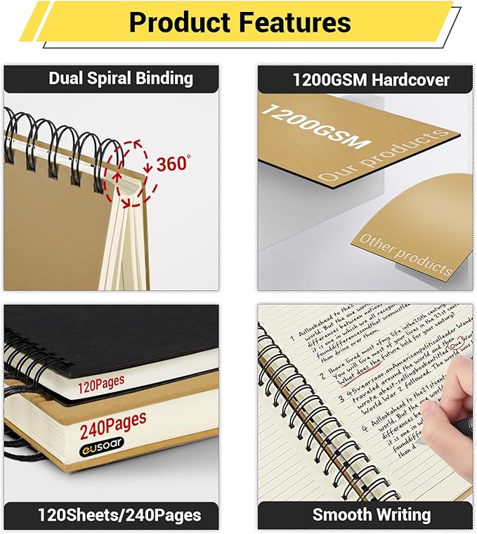 EUSOAR College Ruled Notebook, 1 Pack A4 8.3"x11.2" Hardcover Spiral Lined Journal Writing Pads, 240 Pages(120 Sheets) Professional Notebook for DIY Note Taking School Business Work Office Diary