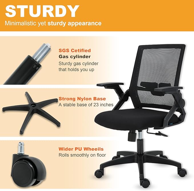 Ergonomic Office Chair Desk Chair with Adjustable Height Mesh Computer Chair Swivel Chair with Flip-up Arms and Lumbar Support Black