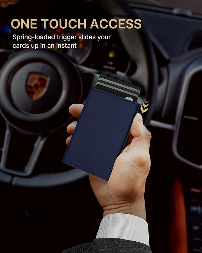 typecase Mens Wallet Card Holder: Pop Up Aluminum Case, Premium Genuine Leather, Smart, RFID Blocking, Slim, Minimalist, Front Pocket - 9-14 Card Capacity | ID Window | Cash Slot (Navy)