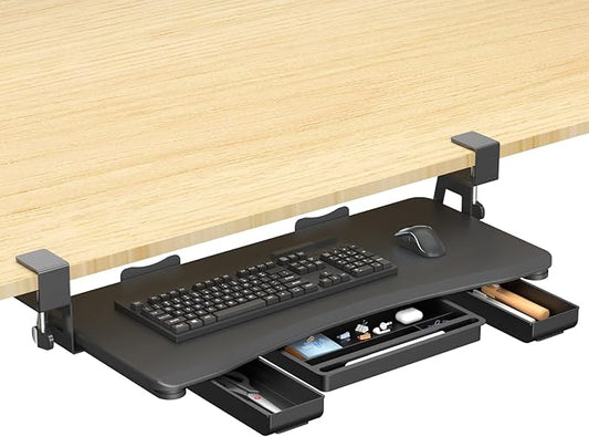suptek Under Desk Keyboard Tray with Storage Drawer – 26.7" x 11.8" Large Workspace, Heavy-Duty C-Clamp Mount, Adjustable Height, Easy Installation – Perfect for Home Office, DSF6CT