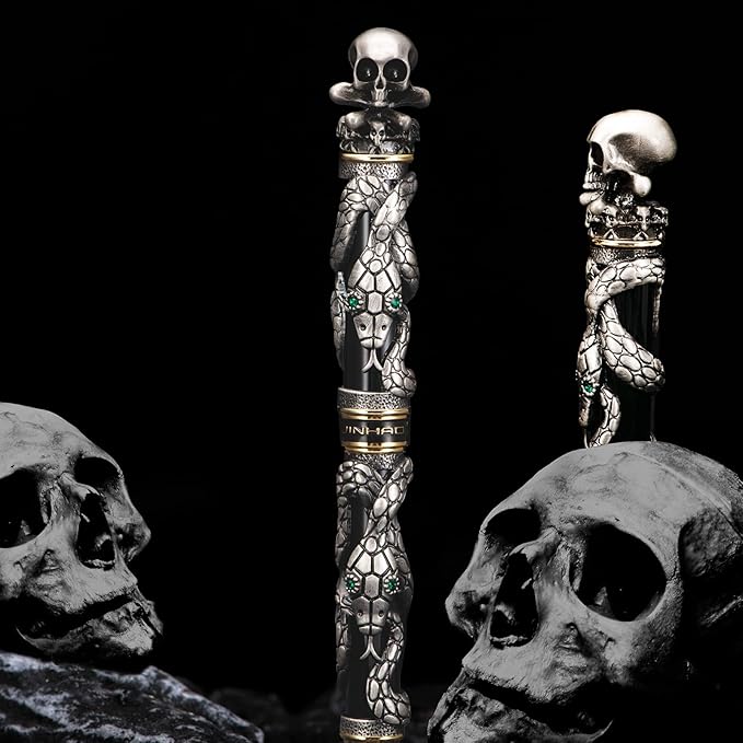 Jinhao Black Snake Fountain Pen Extra Fine Nib Retro Style with Skull Head Solid Metal and Paper Pen Case Set
