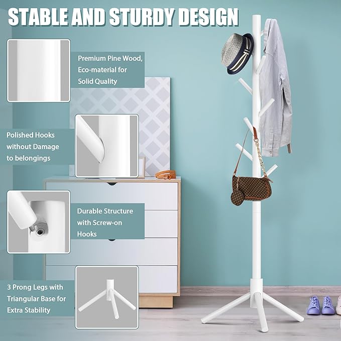 Haddockway Wooden Coat Rack Stand with 8 Hooks New Zealand Pine 3 Adjustable Coat Standing Tree Easy Assembly for Coats, Hats, Scarves and Handbags for Entryway, Hallway, Bedroom, Office,2 PCS