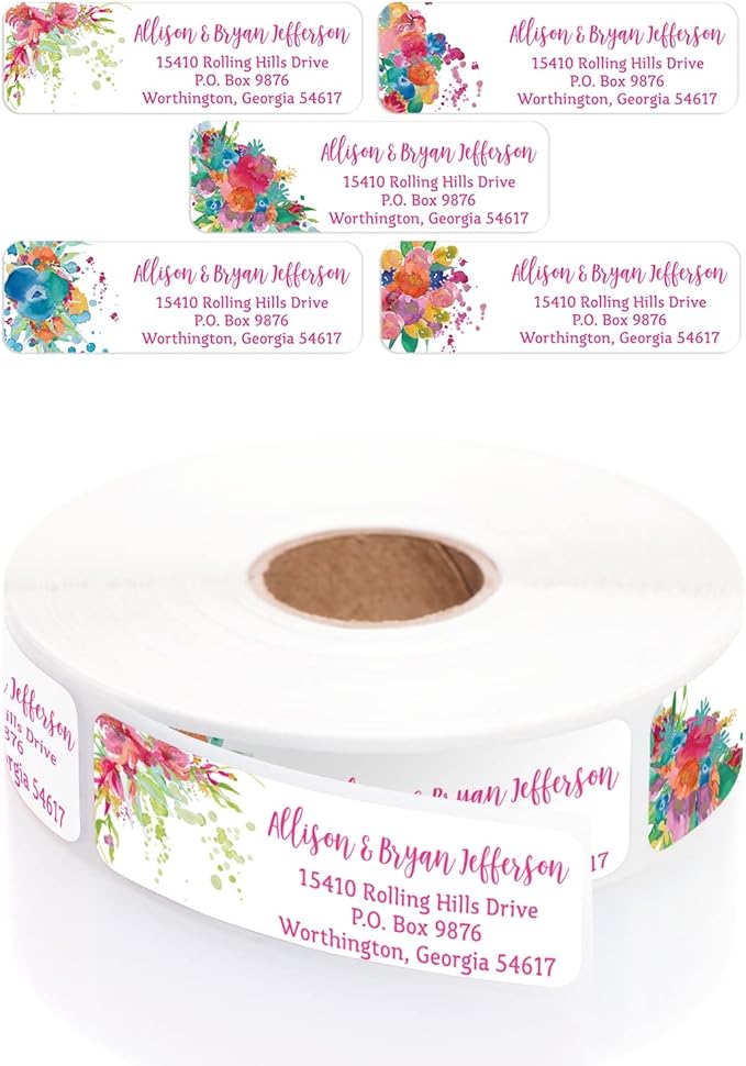 Bright Watercolor Floral Rolled Address Labels / 5 Vibrant Flower Bouquet Designs/Roll of 250 Personalized Address Labels/Designer Return Address Stickers in Elegant Plastic Dispenser