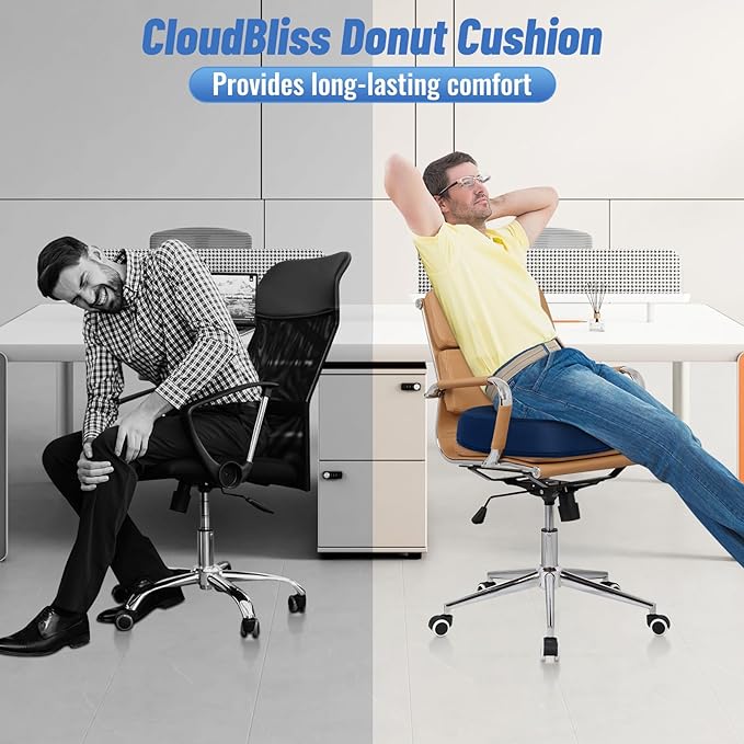 CloudBliss Donut Pillow Seat Cushion for Tailbone Pain Relief and Hemorrhoids, Memory Foam Chair Cushion for Postpartum Pregnancy, Seat Cushions for Men and Women for Home & Office, (Blue)