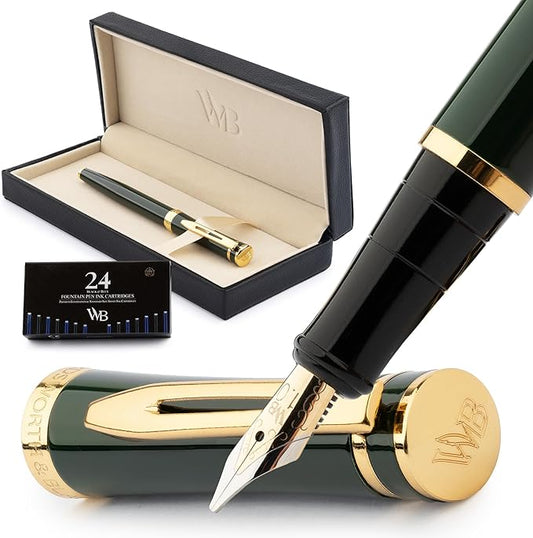 Wordsworth & Black Fountain Pen Set, 18K Gilded Broad Nib, Includes 24 Pack Ink Cartridges, Ink Refill Converter & Gift Box, Gold Finish, Calligraphy, [Racing Green], Perfect for Men & Women