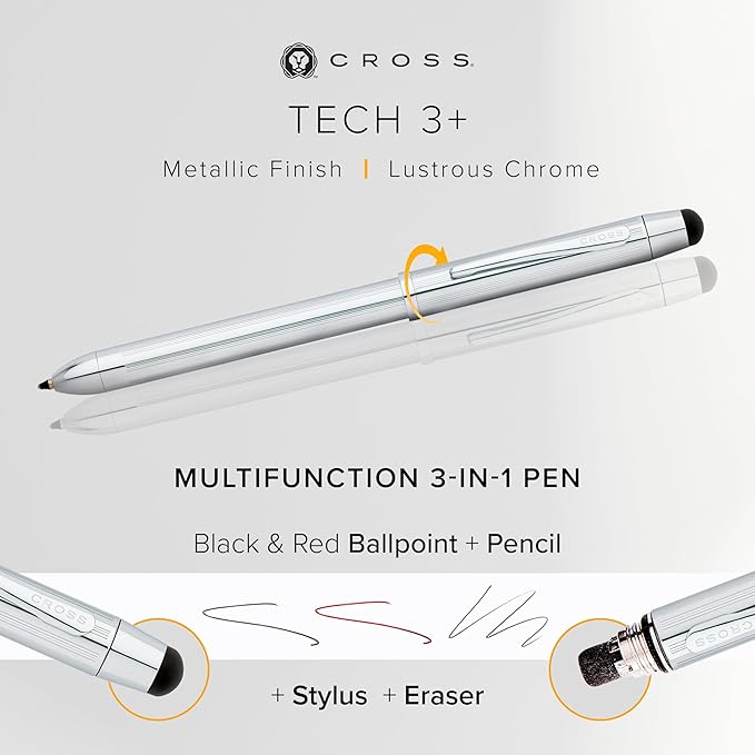 Cross Tech3+ Refillable Tech3+ Presented in a Premium Gift Box - Medium Point, Black Ink, Lustrous Chrome