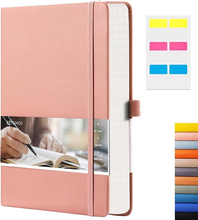 EMSHOI College Ruled Notebook-120gsm Thick Paper, 256 Numbered Pages Lined Journal for Women, 16 Perforated Pages, Faux Leather Hardcover, Inner Pocket, Pen Holder, A5 Medium 5.75" x 8.38"-Pink