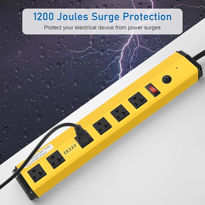CCCEI Heavy Duty Power Strip Surge Protector 20 Amp, High Amp Industrial Shop Garage Metal Multiple Outlets, 4 FT 12 Gauge 5-15P Extension Cord 6 Outlet 6-20R T-Slot 20a for Appliance, Yellow.
