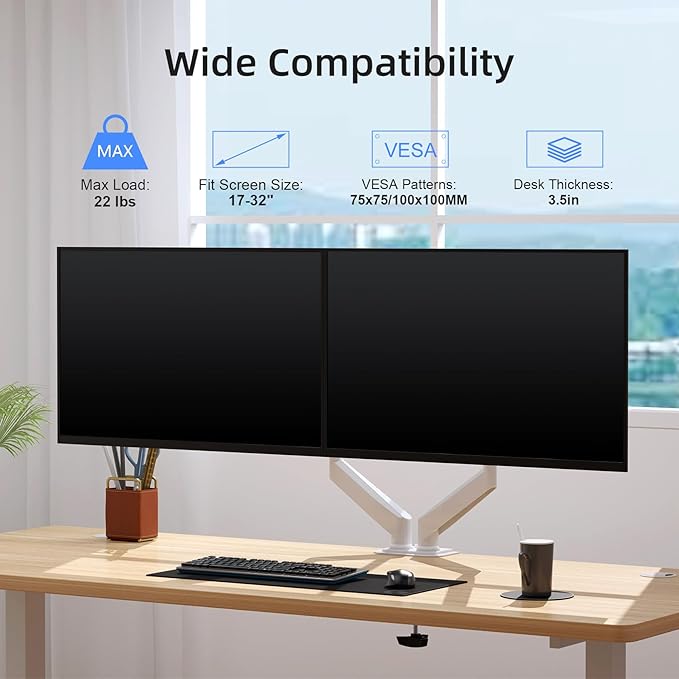 Suptek Dual Monitor Mount Stand-Height Adjustable Gas Spring Monitor Arm Desk Mount for 2 Monitor Screens 17 to 32 inches - Each Arm Holds up to 22lbs,White(MD8SPW)