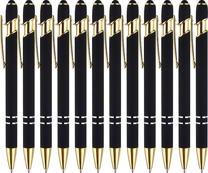 LINFANC 12 Pack Black Gold Ballpoint Pen with Stylus Tip, 1.0 mm Black Ink Smooth Writing Pens, Metal Stylus Pens for Touch Screens