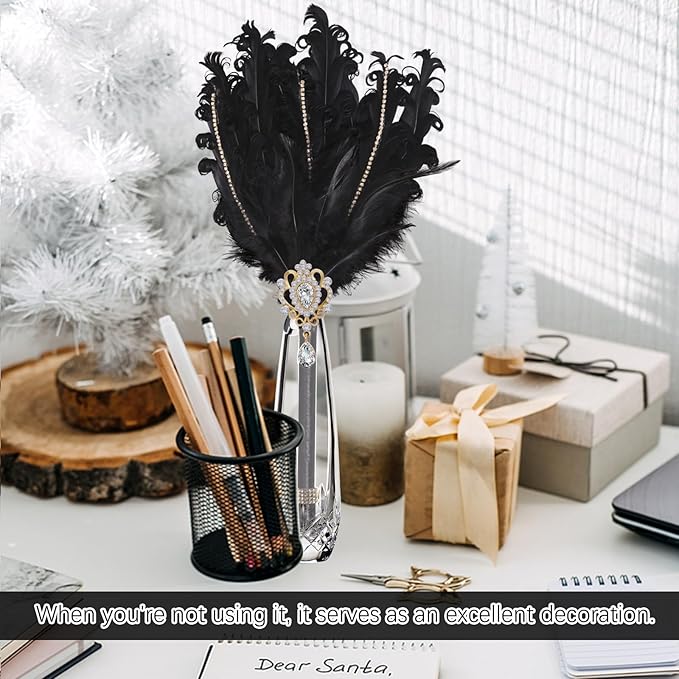CROWN GUIDE Luxury Feather Quill Pen with Shiny Rhinestones & Curled Goose Feathers- Wedding Guest Book Pen, Great Gatsby/HP Party Supplies, Bridal Shower Gift with Rose Gold Heart Charm (13.8",Black)