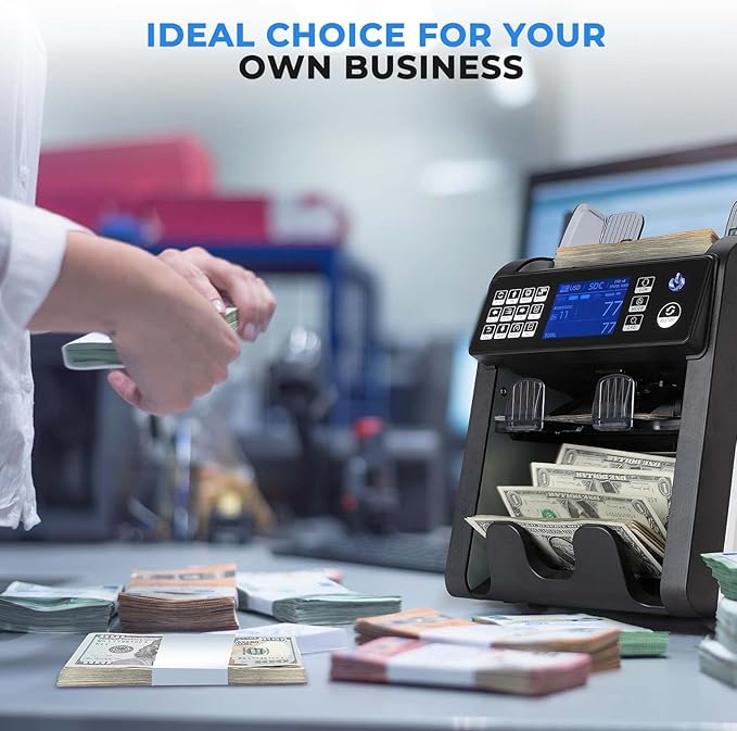 MUNBYN IMC08 Dual Money Counter Machine Mixed Denomination with Reject Pocket, Value Counting, Counterfeit Detection 2 CIS/UV/MG/IR, Sort&Print Enabled Cash Counter, Mixed Bill Counter (White)
