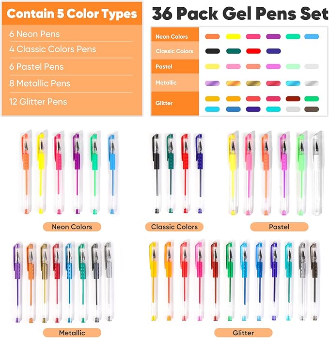 Taotree Glitter Gel Pens, 36 Color Neon Glitter Pens Fine Tip Art Markers Set 40% More Ink Colored Gel Marker for Coloring Book, Drawing, Coloring, Scrapbook, Journaling, Sparkle Easter Gifts kids