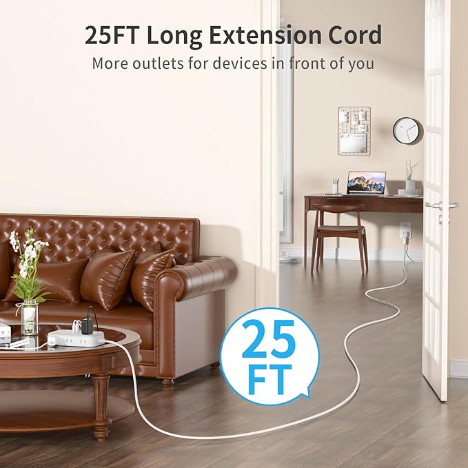 NTONPOWER 2 Prong Extension Cord 25 FT, 1080 Joules Surge Protector Power Strip with 6 Outlets 4 USB Ports(2 USB C), 1875W Three Prong to Two Prong Adapter, Rotating Flat Plug, Ideal for Old House