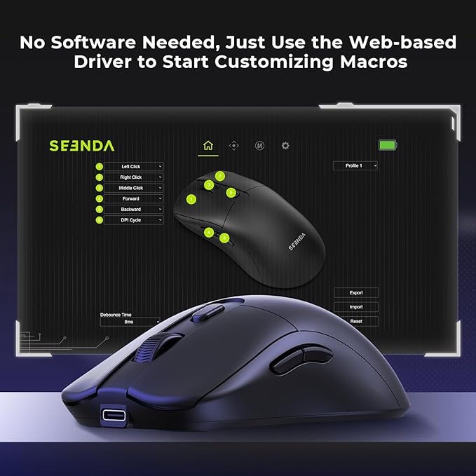 seenda Wireless Gaming Mouse, USB C Mouse, Web-Based Driver, 18000 DPI, 67g Lightweight, 6 Programmable Buttons, Type-C Rechargeable Mouse Gamer for PC/Laptop/Mac - Black