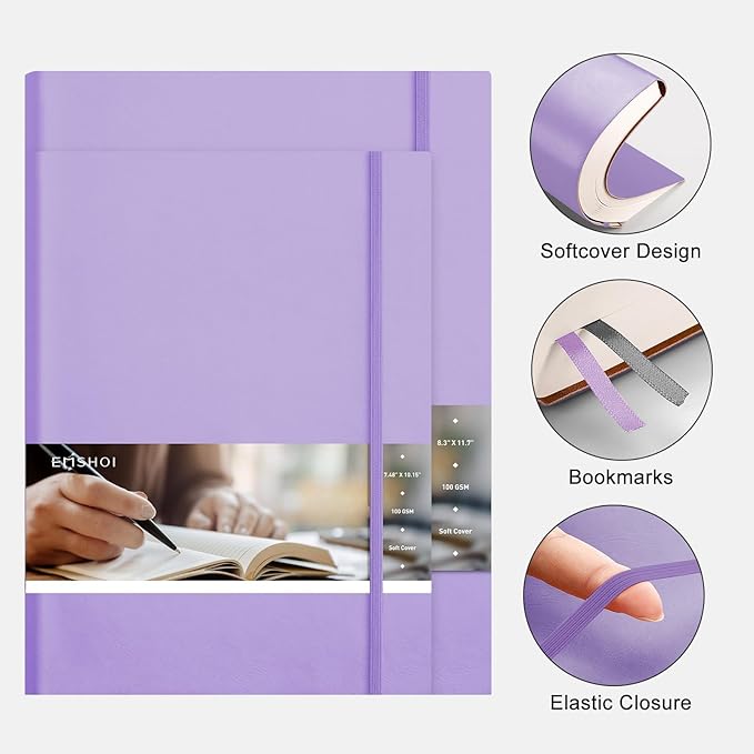 EMSHOI A4 College Ruled Notebook Journal- 400 Pages (200 sheets), 7mm Spacing & Vegan Leather Cover for Work, School, Bible Study, Bullet Journaling- with Sticky Notes, Pocket & Pen Holder- Purple