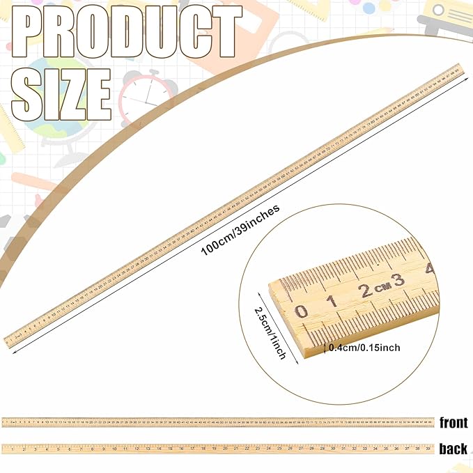Treela 24 Pack 39 Inches Meter Stick Wood Ruler Economy Yard Stick Double Sided Heavy Duty Thick Meter for School Classroom Home Office Kids Clothing Measuring