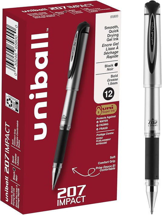 uni-ball® 207™ Impact™ Gel Pens, Bold Point, 1.0 mm, Black; Gray Barrel, Black Ink, Pack Of 12