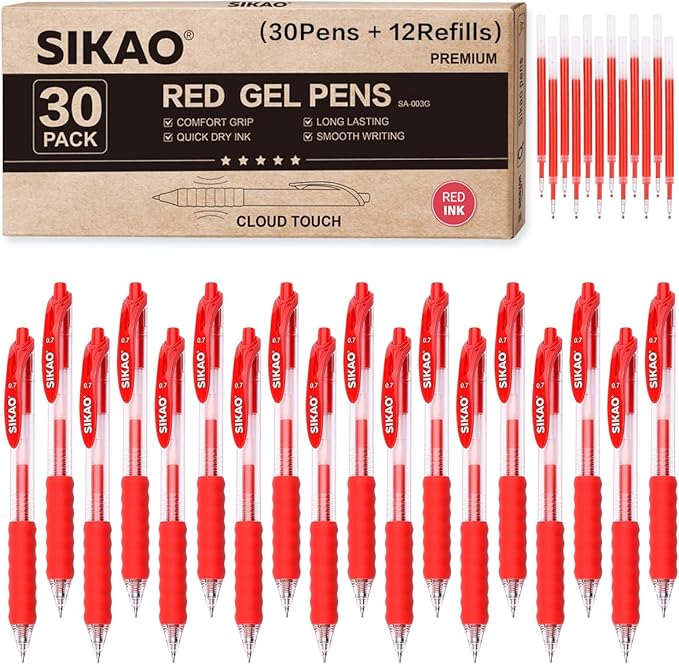 Red Gel Pens Bulk 30 Pack Red Pens Fine Point Smooth Writing No Smudge, CLOUD TOUCH Grip 0.7mm Gel Ink, Retractable Rollerball Pens for Server Office School, Lapiceros (RED)