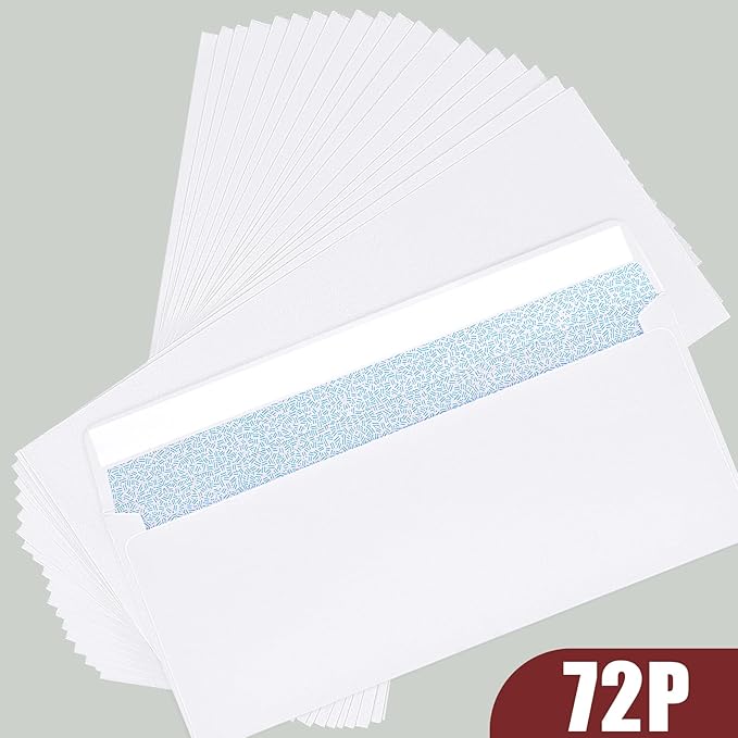 Joyberg 72 Packs #10 Envelopes, Business Envelopes, Envelopes Self Seal, Security Envelopes, Peel and Seal Closure, Size 4-1/8 X 9-1/2 Inches, White, 26LB