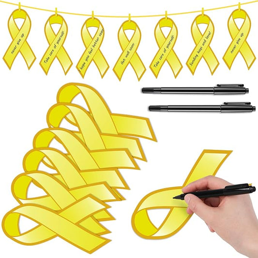 Kosiz 100 Pack Large Gold Ribbon Set 100 Childhood Cancer Ribbon Cutouts 2 Marker Pens 100 Wooden Clips with Rope Neuroblastoma Cancer Awareness Items for Public Charity Party Supplies