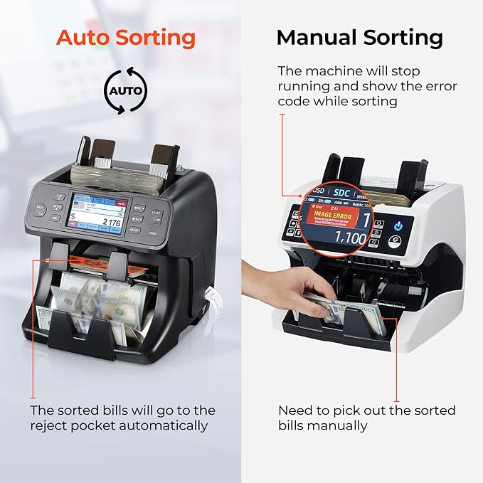 MUNBYN 2-Pocket Money Counter Machine Mixed Denomination, Money Sorter, Built-in Printer, Sort on DENOM/FACE/ORI, Value Counting, 2 CIS/UV/MG/IR Counterfeit Detection, Touch Screen, 2Y Protection