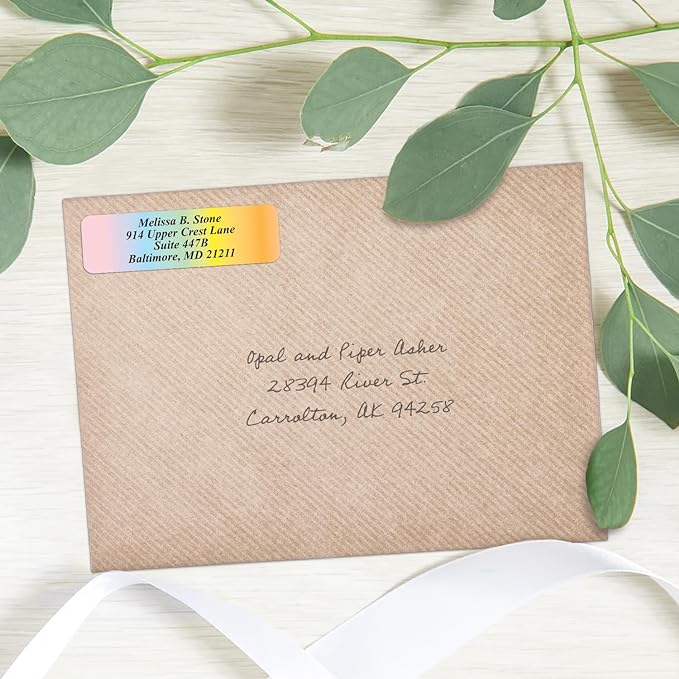 Cascading Rainbow Medley Personalized Return Address Labels with Elegant Plastic Dispenser - Roll of 500 Custom Stickers