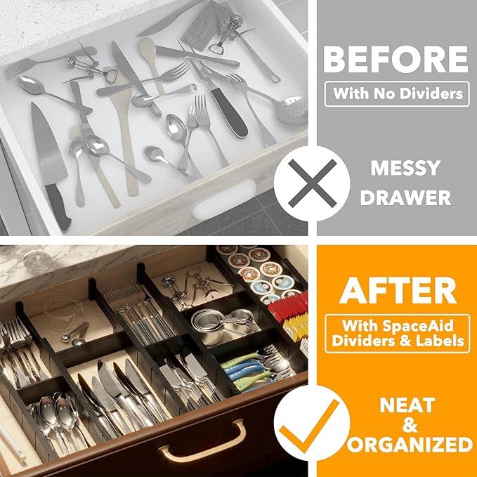 SpaceAid Bamboo Drawer Dividers with Inserts and Labels, Kitchen Adjustable Drawer Organizers, Expandable Organization for Home, Office, Dressers, 7 Dividers with 15 Inserts (17"-22" Black)