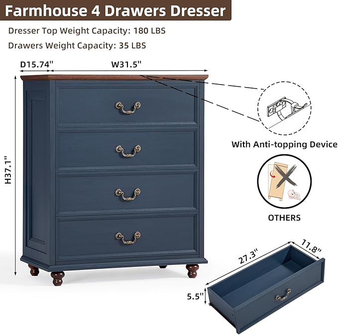 Farmhouse 4 Drawer Dresser Set of 2 for Bedroom, 37" Tall Rustic Chests of Drawers w/ 4 Solid Wood Feet, Mid Century Vintage Wooden Closet Storage Dressers Organizer for Living Room, Navy Blue