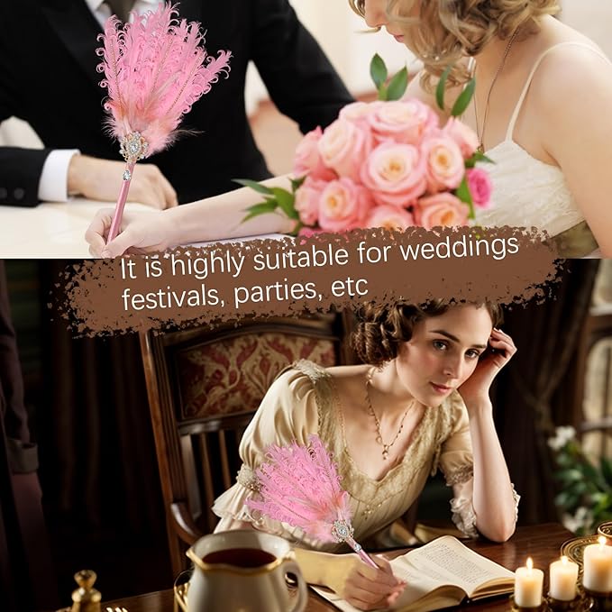 CROWN GUIDE Luxury Feather Quill Pen with Shiny Rhinestones & Curled Goose Feathers- Wedding Guest Book Pen, Great Gatsby/HP Party Supplies, Bridal Shower Gift with Rose Gold Heart Charm (13.8",White)
