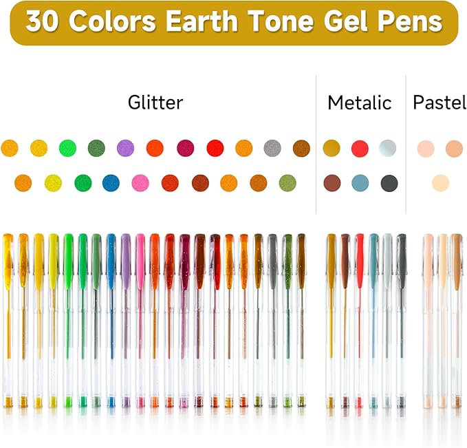 Shuttle Art 60 Pack Earth Tone Gel Pens, 30 Brown Earth Tone Gel Pens with 30 Refills for Adults Coloring Books Journaling Drawing Nature, Landscapes, Animals Scenes