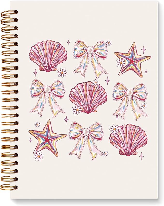 JXREQ Pink Bow Seashell Coquette Notebook Journal Notebook, Trendy Aesthetic Journal for Women, Girly Office Supplies, Coquette Beachy Spiral Notebooks 5.5x8.3