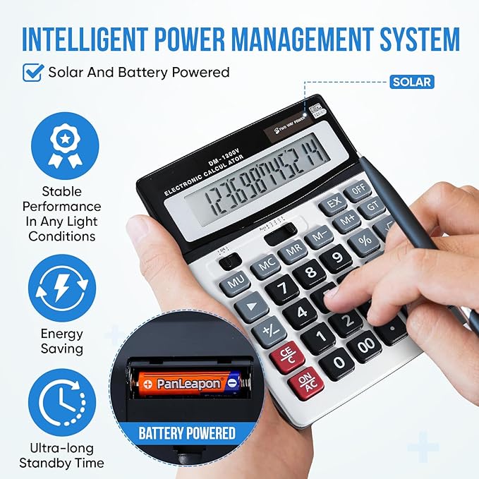 Calculator, 12-Digit Large LCD Display Calculators Desktop, Dual Powered Calculators for Office/School, Big Button Basic Desk Calculator with Standard Function