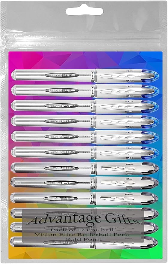 Vision Elite Rollerball Pens, Bold Point (0.8mm), Black/Blue Ink, 12 count, Bundle with Plastic Reusable Pouch