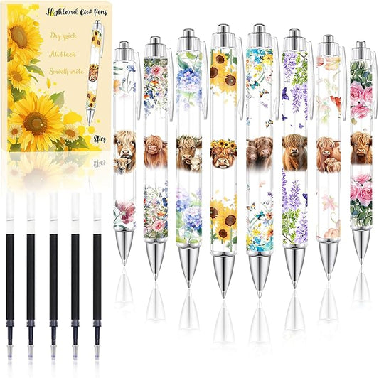 8PCS Highland Cow Print Pens with 5 Extra Black Refills Rustic Themed Party Gifts Office Decor Smooth Write Quick-Dry Ink Souvenir for Women Cute Ballpoint Pens for School Home Accessories Stationary