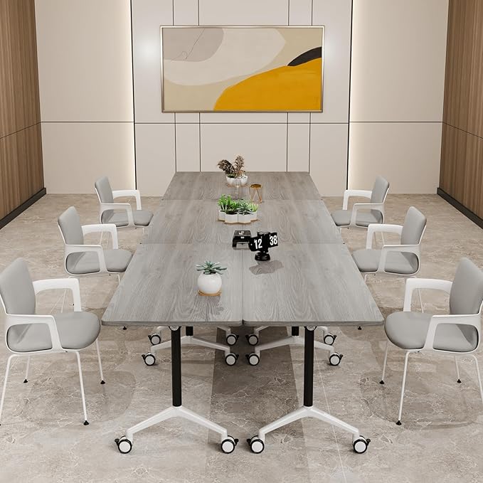 Folding Conference Table, Modern Large Conference Room Tables with Flip-Top Design, Foldable Conference Table Meeting Table with Wheels, Mobile Seminar Training Tables for Office Classroom (2, Oak)