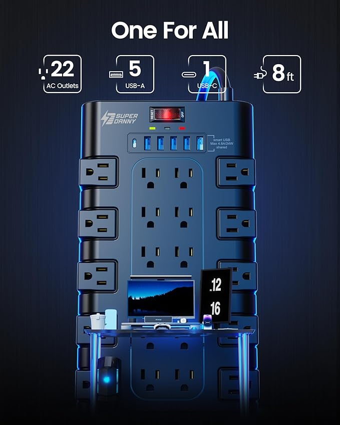 Power Strip Surge Protector, SUPERDANNY 8Ft Long Extension Cord with 6 USB Charging Ports and 22 AC Outlets, 1875W/15A, 2100 Joules, Flat Plug Power Outlet for Home, Office, Dorm, Gaming Room, Black