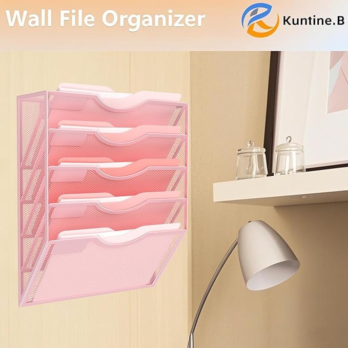 Kuntine.B Wall File Organizer Office Hanging Magazine Holder Wall File Organizer for Office Home (Pink, 5 Tier)