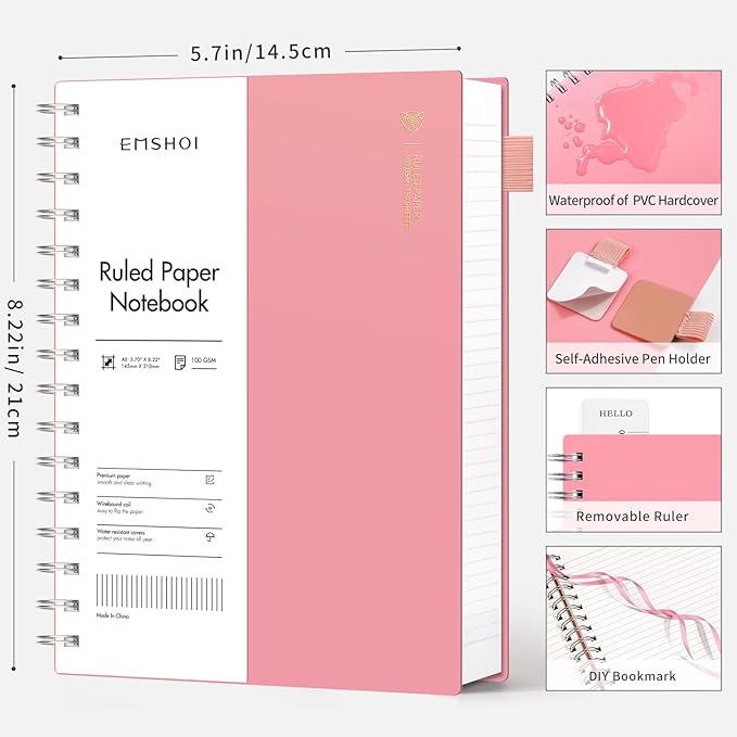 EMSHOI A5 Spiral Notebook College Ruled Lined Journal, Small 5.7" X 8.22", 300 Pages/150 Sheets, 100gsm Thick Paper, Waterproof Hardcover, for Office School Women Men Work Writing Notes-Pink