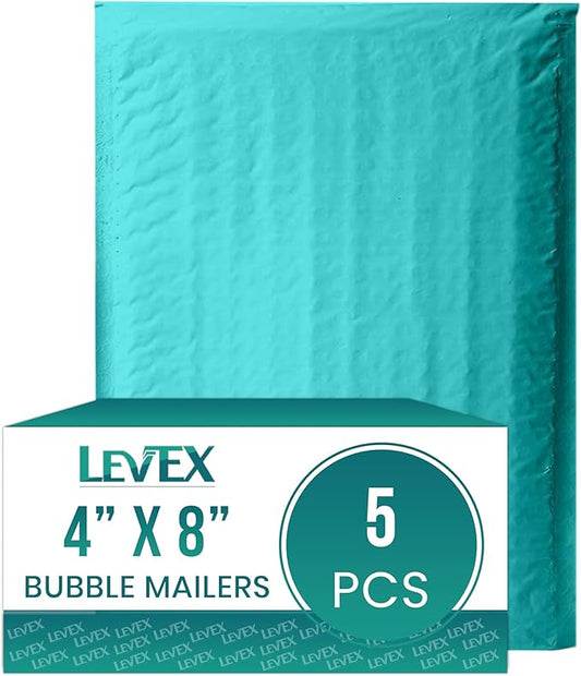Levex - #000 4" x 8" [5 Pack] Teal Poly Bubble Mailers, Padded Envelope Mailers, Packing Envelope & Mailing Bags for Shipping