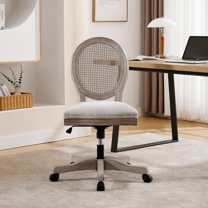 LukeAlon Rattan Back Linen Office Chair, Adjustable Height Swivel Task Chair with Wood Frame Armless Desk Chair with Wheels Upholstered Round Back Vanity Chair for Home Office Study Room, Beige