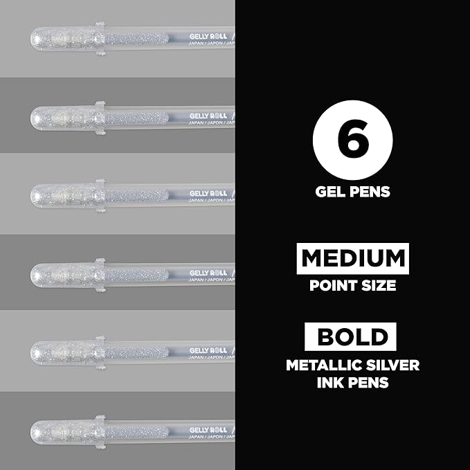 SAKURA Gelly Roll Metallic Gel Pens - Pens for Scrapbook, Journals, or Drawing - Metallic Silver Ink - Medium Line - 6 Pack