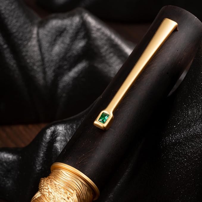 Hongdian N24 Fountain Pen Fine Nib, Golden Dragon Stereoscopic Carving with Red Wood Design