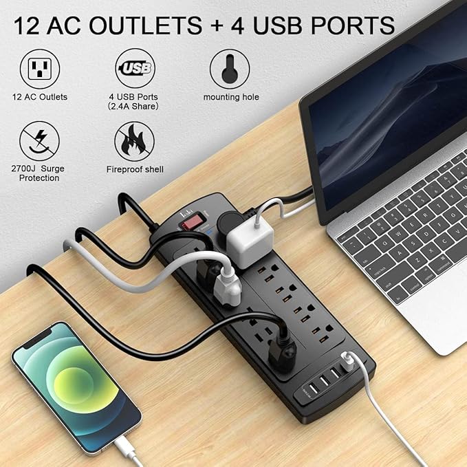 Power Strip, Tcstei Surge Protector with 12 Outlets and 4 USB Ports, 15 Feet Extension Cord (1875W/15A) for Home, Office, Dorm Essentials, 2700 Joules, ETL Listed, Black