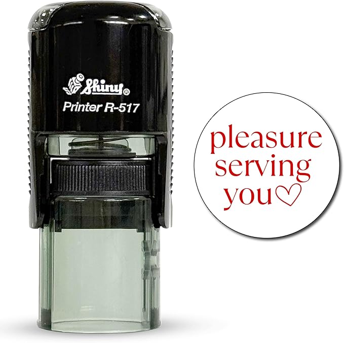 Shiny Pleasure Serving You Stamp, Round Self Inking Stamp for Office and Retail, Red Ink