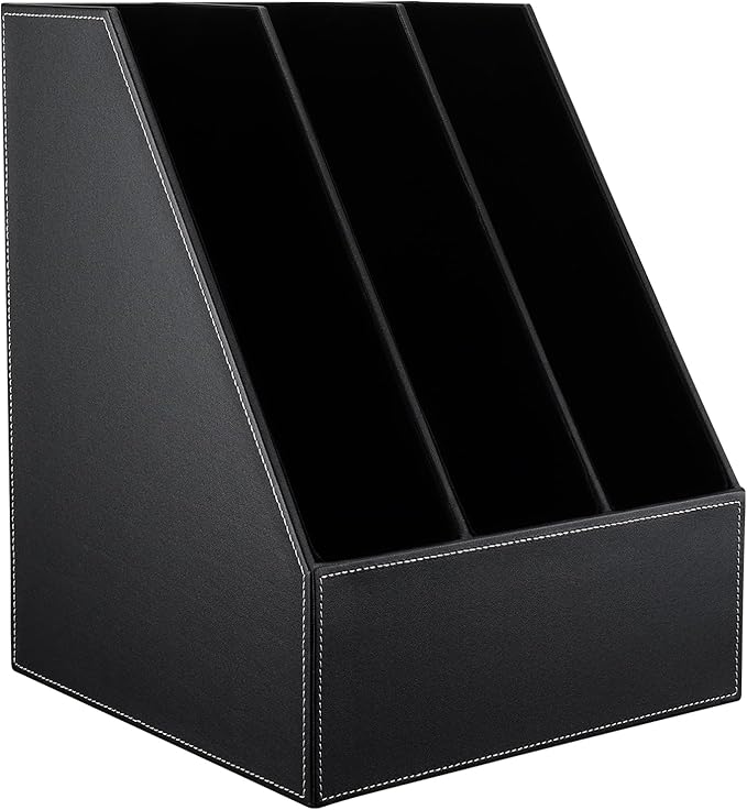 KINGFOM Desktop Wooden Leatherette Magazine File Holder-Organizer-3 Compartment Stand Rack-Papers Storage Box (black)
